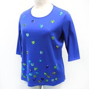 Quacker Factory Plus Blue Valentine's Day Hearts Beads Blouse Top Tunic 1X